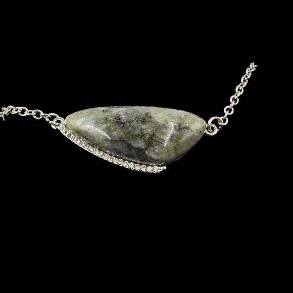 Silver Toned Chain Necklace W/ Labradorite Pendant & Rhinestone Boho Chic - Picture 3 of 7